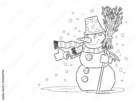 Snowman character linear illustration. Winter hand drawn clipart. Black ...