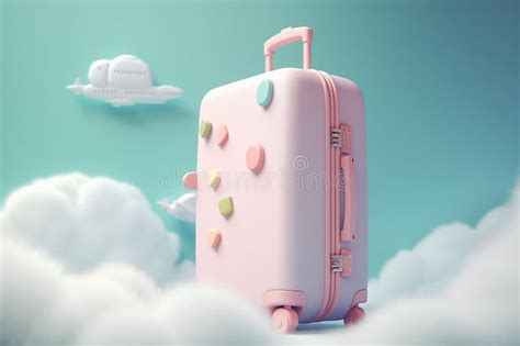 Pink Baggage Suitcase With Cloud In Sky On Blue Background Ready For