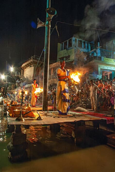 Hindu Priest Performs The Ganga Aarti Ritual In Varanasi Editorial