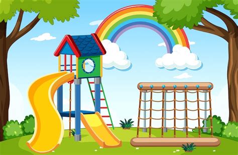 Aire De Jeux Pour Enfants Dans Le Parc Avec Arc En Ciel Dans Le Ciel Au