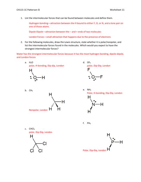 Ch115 1c Patterson Si Worksheet 11 List The Intermolecular Forces