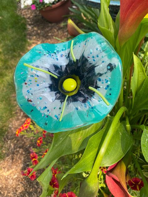 Fused Glass 3D Flower Garden Stake Handmade Colorful Etsy