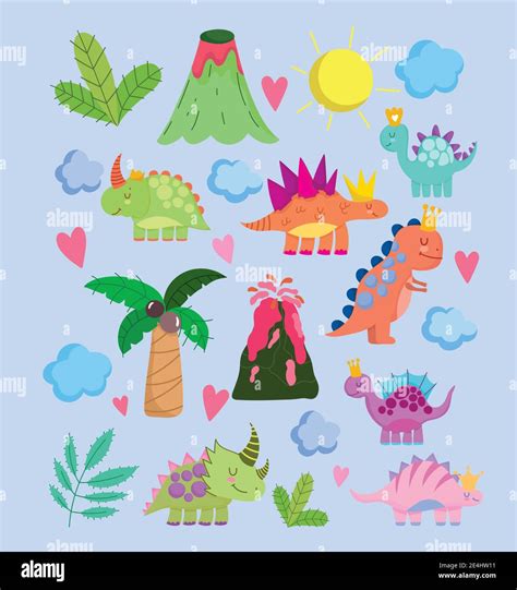 Cute Dinos Volcano Palm Sun Clouds Nature Cartoon Icons Vector