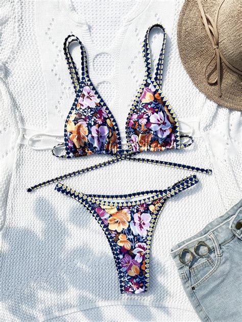 Shein Swim Vcay Floral Print Whip Stitch Triangle Bikini Swimsuit