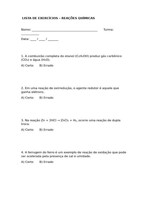 Exercícios Sobre Reações Químicas - Exercícios sobre Reações Químicas | PDF