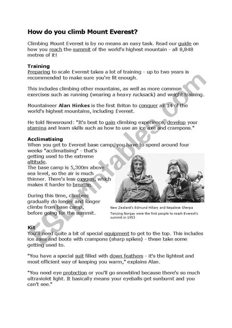 Mount Everest Reading Comprehension Esl Worksheet By Juuty