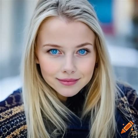 Portrait Of A Slim Swedish Blonde Girl With Blue Eyes And A Natural