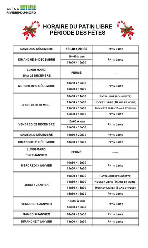 Horaire Du Patin Libre Temps Des F Tes Ar Na Rivi Re Du Nord