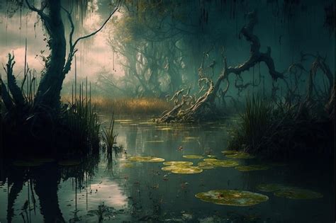 Un bosque oscuro con un lago y árboles al fondo Foto Premium