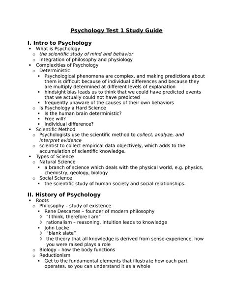 Psychology Test 1 Study Guide Psychology Test 1 Study Guide I Intro