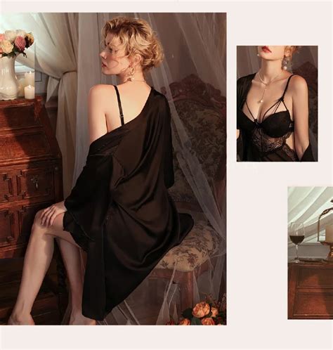 Sexy Lingerie Stitch Lace Nightgown Robe Backless Perspective Silk Nightdress Tempting Sleepcoat