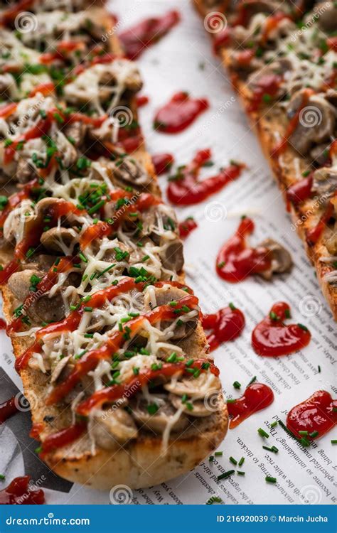 Polish Street Food Zapiekanka Baguette With Mushrooms Onion Cheese