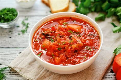 Ukrainian And Russian Cuisine Red Borsch Tomato Soup Stock Photo