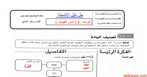 حل دليل الأنشطة الوحدة الثالثة أسس الكيمياء علوم الصف السابع الفصل