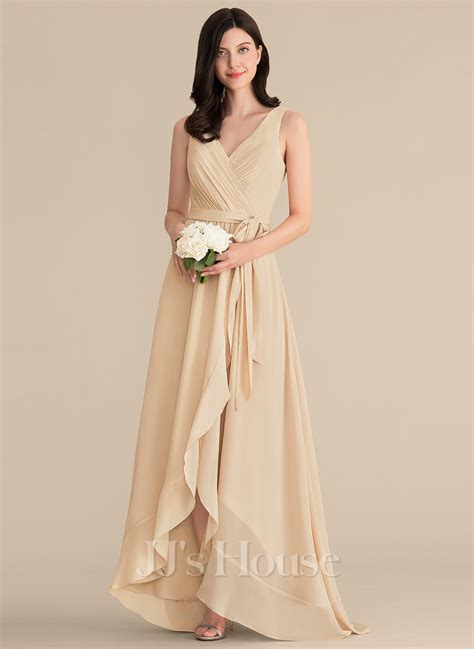 A Line V Neck Asymmetrical Chiffon Bridesmaid Dress With Ruffle Bow S