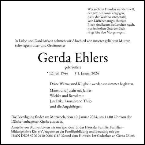 Traueranzeigen Von Gerda Ehlers Trauer Anzeigen De