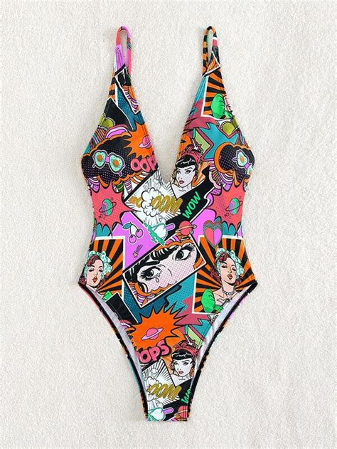 Shein Swim Vcay Pop Art Print Plunging One Piece Swimsuit Shein Usa