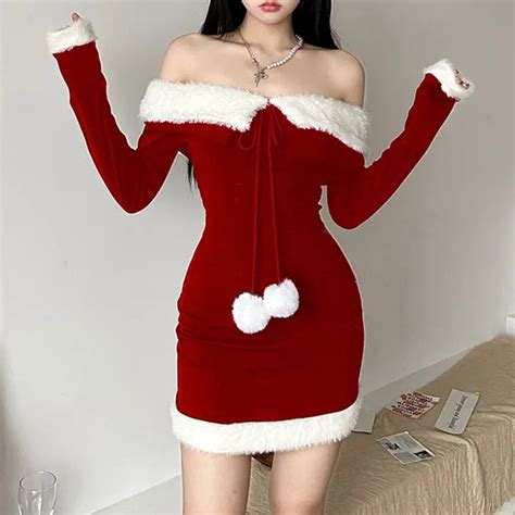 2024 Sexy Red Christmas Dress Women Winter Y2k Plush Patchwork Off