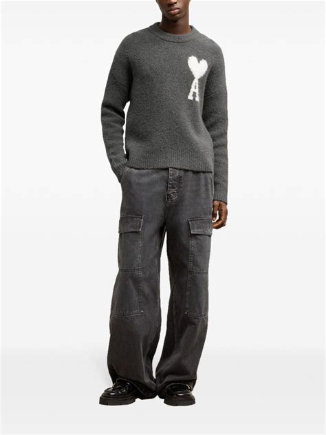 AMI Paris Ami De Coeur Crew Neck Jumper Grey FARFETCH