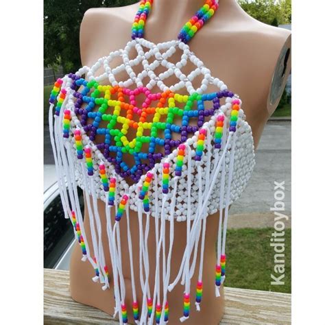 White And Rainbow Fringe Kandi Halter By Kanditoybox Pony Bead Crafts