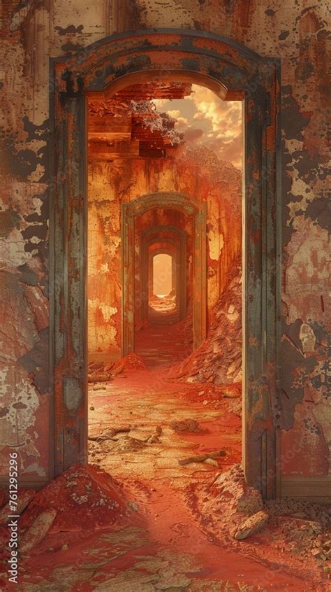 A Mysterious Door In A Surreal Landscape Opens To A Corridor Lined With