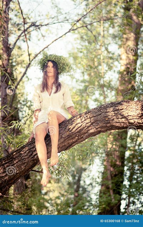 Bella Donna Che Si Siede Sull Albero In Foresta Fotografia Stock