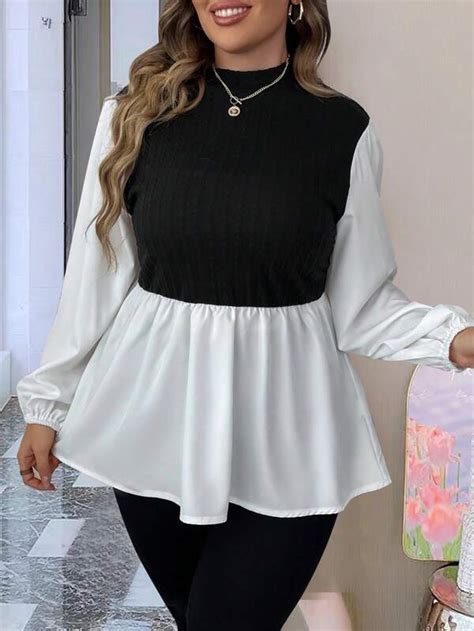 SHEIN CURVE Plus Two Tone Mock Neck Peplum Top SHEIN USA