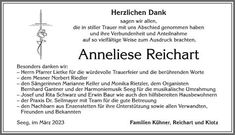 Traueranzeigen von Anneliese Reichart Allgäuer Zeitung