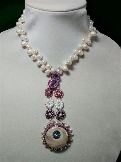 Handmade Porcelain Bead Embroidered Cabochon Necklace Pearl Jewlery