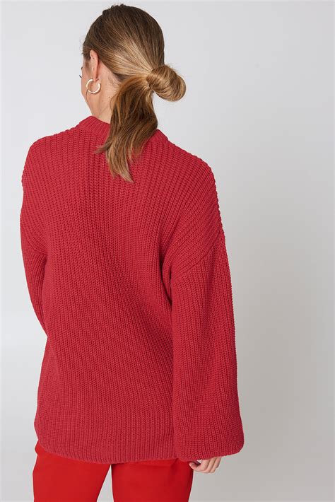 Dropped Shoulder Knitted Sweater Red Na