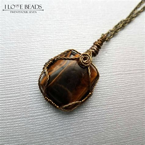 Wire Wrapped Tigers Eye Cabochon On Antique Brass Necklace Wire