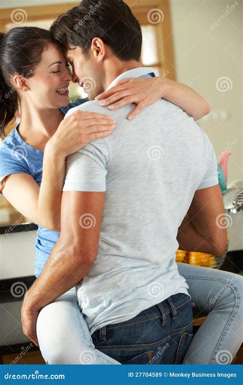 Romantic Couple Hugging In Kitchen Stock Image Image Of People