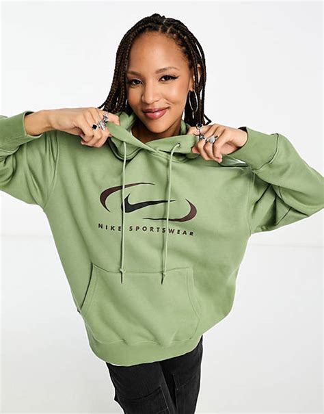 Nike Sweat à Capuche Oversize En Polaire à Logo Virgule Vert Huilé