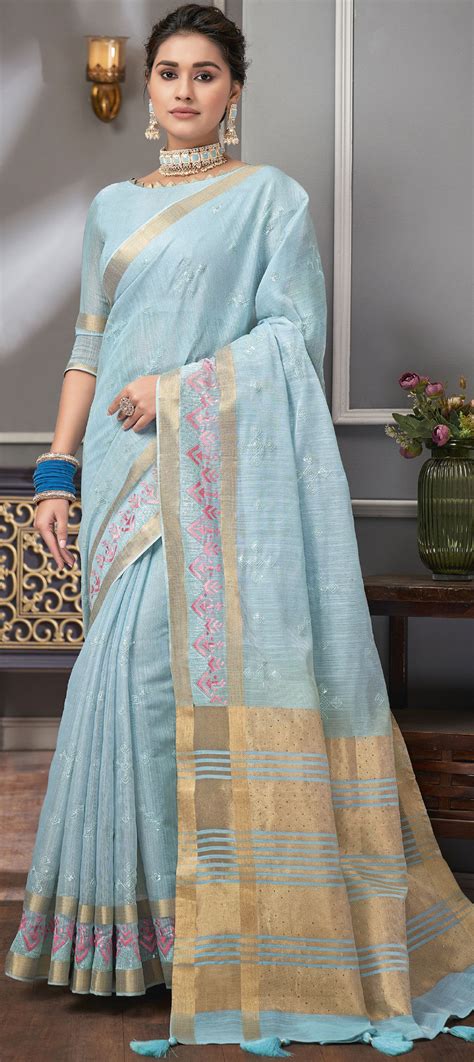 Reception Traditional Blue Color Linen Fabric Saree 1876555