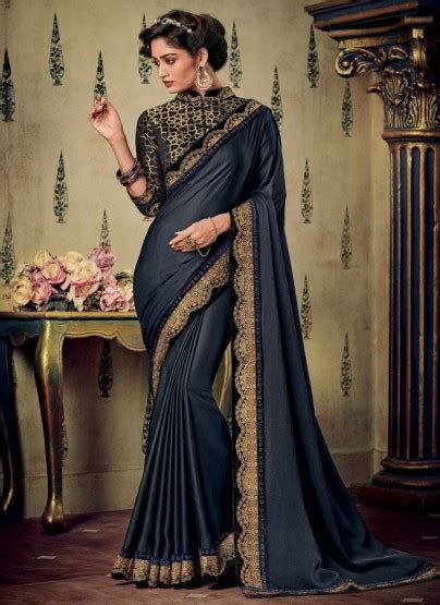 Dark Blue Satin Silk Embroidery Saree Indian Couture