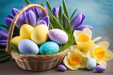 Uova Di Pasqua Colorate Nel Cesto E Fiori Primaverili Cartolina Di