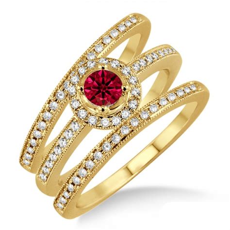 2 Carat Ruby & Diamond Trio set Halo Ring on 10k Yellow Gold - JeenJewels