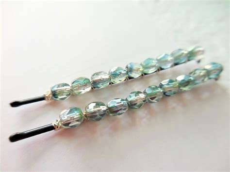 Beaded Bobby Pin Green Teal Sparkly Hair Clip