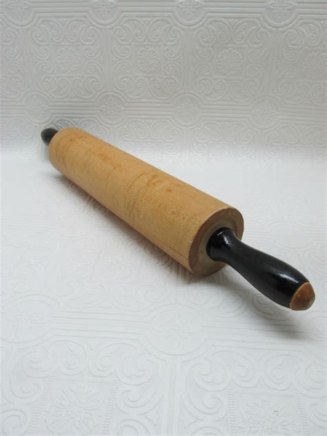 Vintage Wood Rolling Pin Black Handles Wooden Kitchen Ware