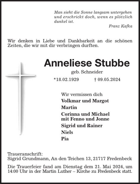 Anneliese Stubbe Traueranzeige Stader Tageblatt