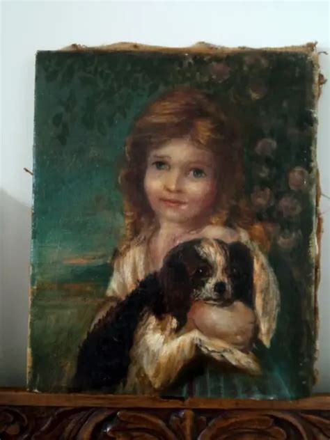 TABLEAU ANCIEN XIX Eme Hst Portrait D Une Jeune Fille Et Son Chien King