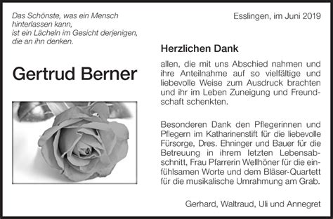 Traueranzeigen Von Gertrud Berner Zeit Des Gedenkens De