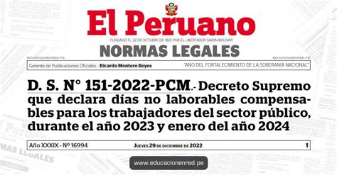 D S N 151 2022 PCM Decreto Supremo que declara días no laborables