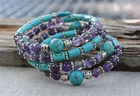 Amethyst Memory Wire Bracelet Turquoise Wrap Bracelet Boho Cuff T