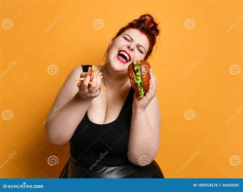 Happy Overweight Fat Woman Happy Hold Big Burger Cheeseburger Sandwich