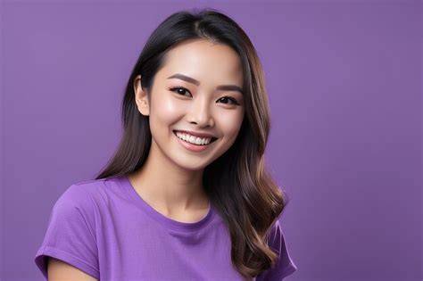 Premium Photo Asian Woman Wearing Purple Tshirt Smiling On Purple