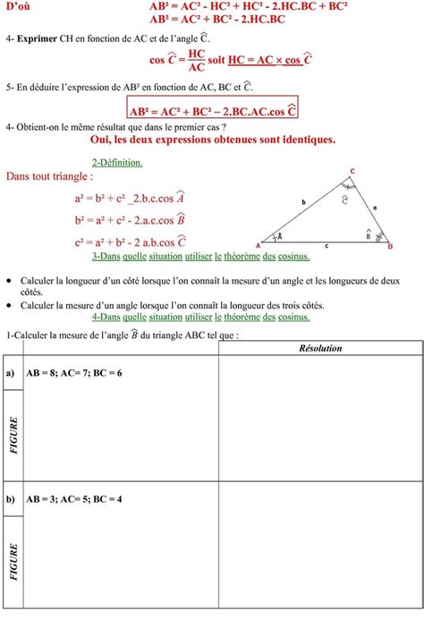 Relations Métriques Dans Le Triangle Cours De Maths En 1ère S