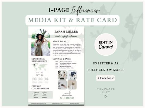 1 Page Media Kit Rate Card Template Influencer Content Creator