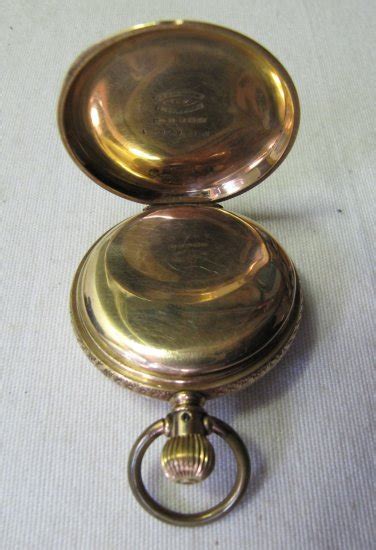 Antique 1884 Elgin 14k Gold Ladies Hunting Case Pocket Watch Bird Blue Green Floral Inlaid Works