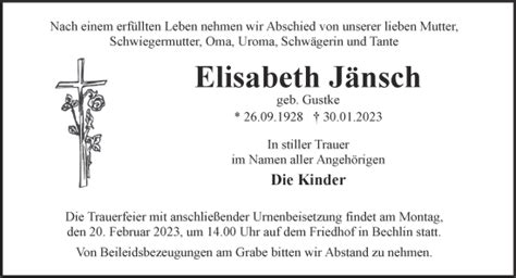 Traueranzeigen Von Elisabeth J Nsch M Rkische Onlinezeitung Trauerportal